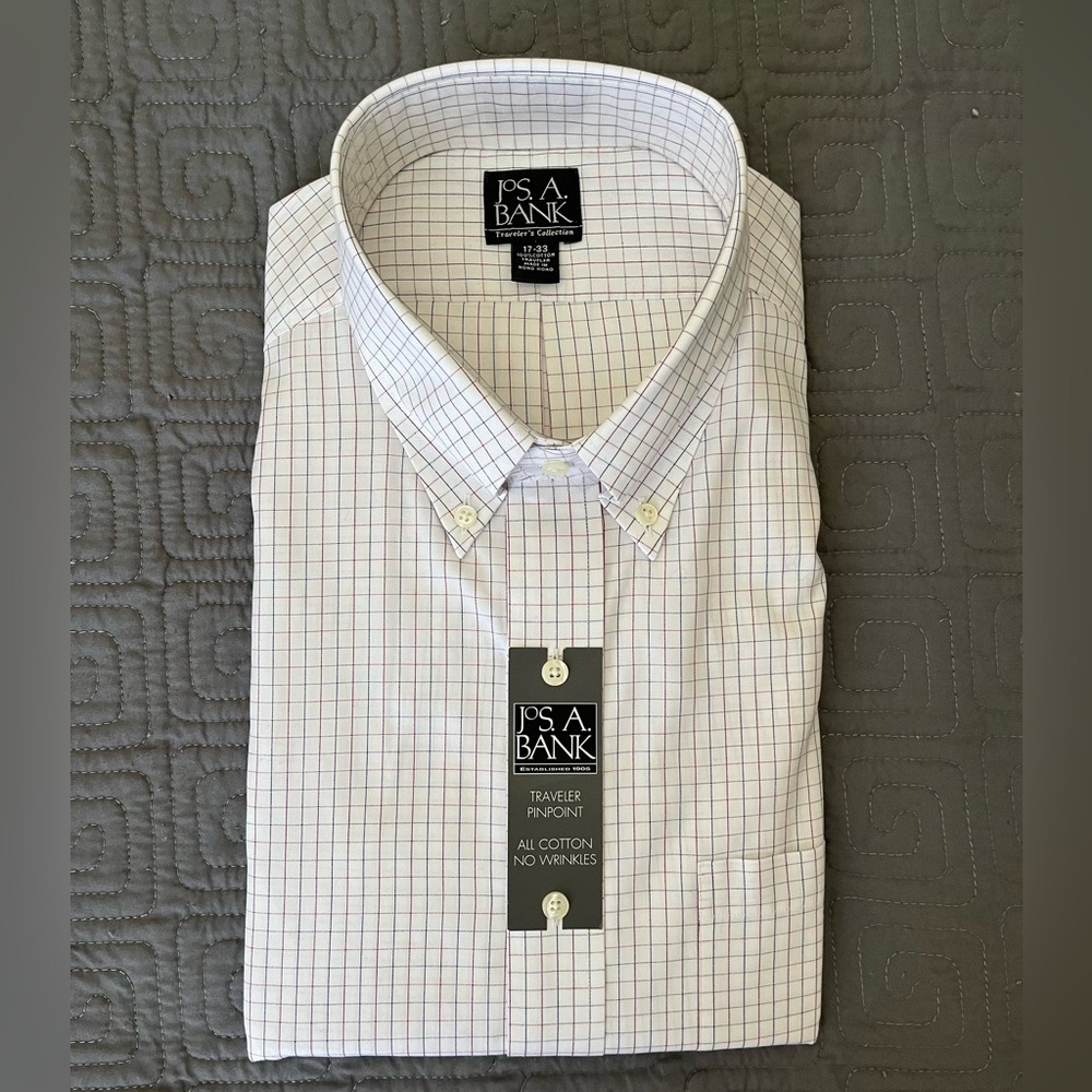 Jos. A. Bank Men's White and Burgundy Grid Dress Shirt